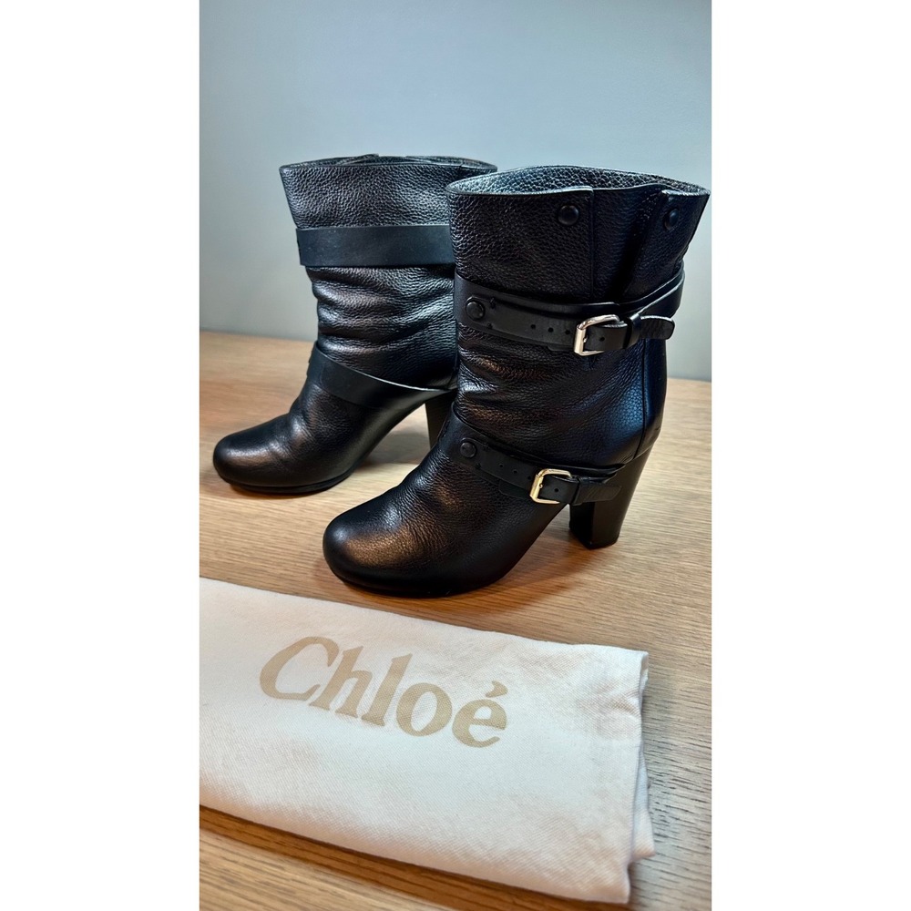 Chloé Black Pebbled Leather Buckle Ankle Boots Block Heel Women 36.5